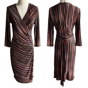 Le Chateau Long Sleeve Wrap Dress Sz S Dark Stripe Fitted V-Neck Sexy Below Knee